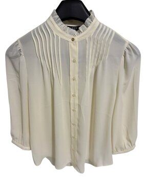 Ralph Lauren Pleated Button Down Blouse Sheer Ivory Long Sleeve Size Large NWT